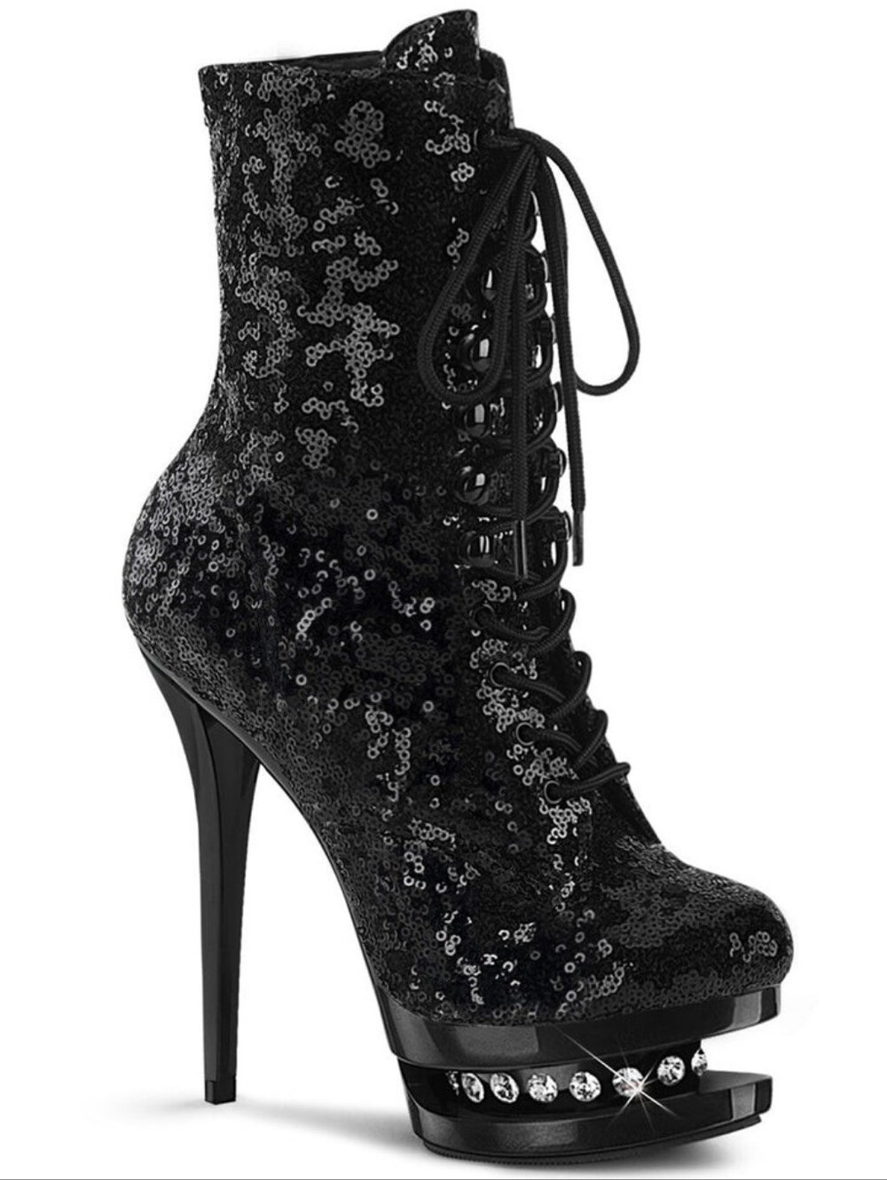 Pleaser Black Sequin Lace-Up Platform Ankle Boots